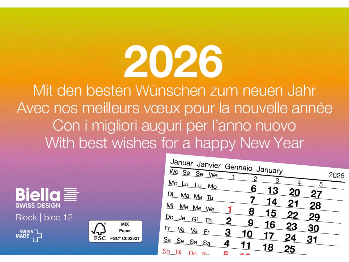 BIELLA Abreissblock Nr.12 2026 889012000026U 1M/1S mehrfarbig ML 11x7.7cm (7611365528042)