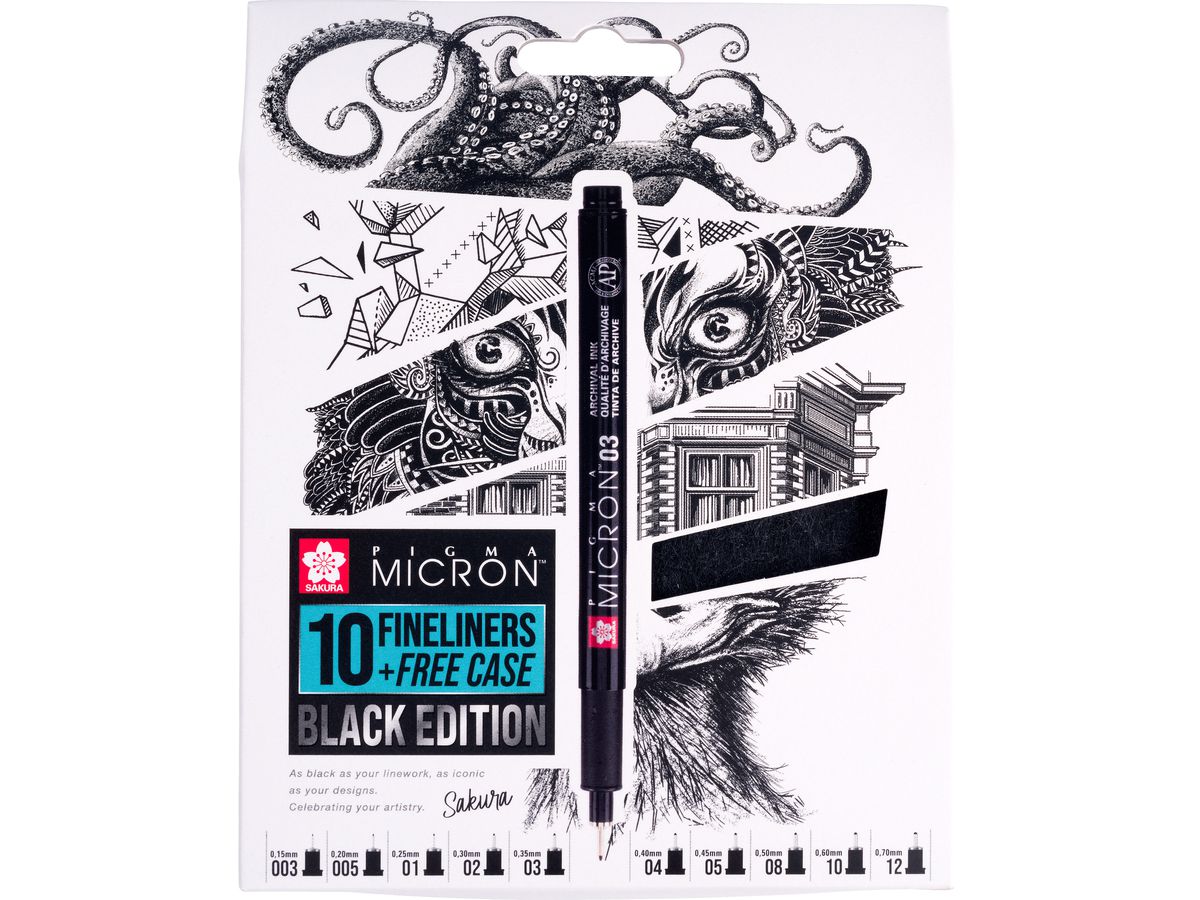 SAKURA Pigma Micron Set 0.03-1.2mm POXSDKB10 avec étui à stylos 10 pièces (8712079520700)