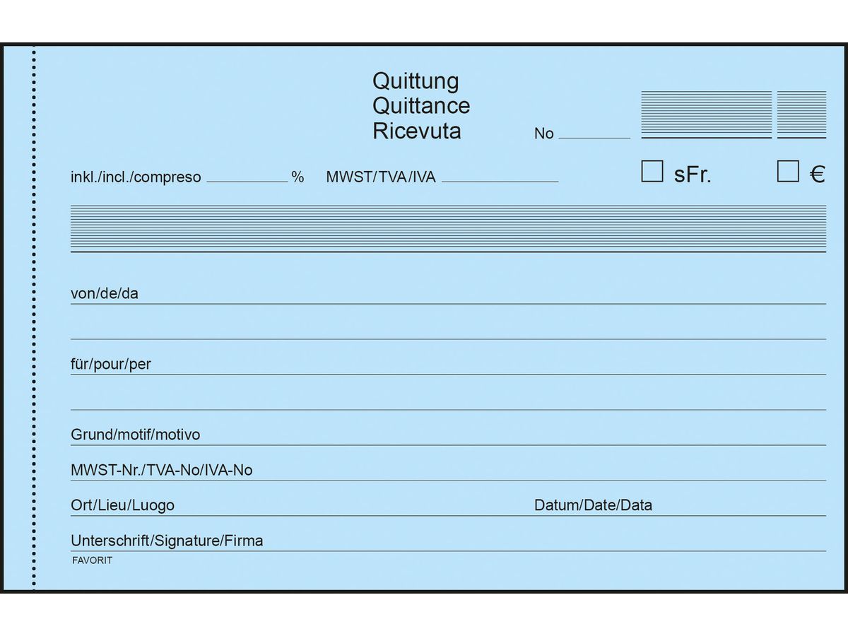 FAVORIT Quittungen D/F/I A20 8296OK blau/weiss 50x2 Blatt (7612149044222)