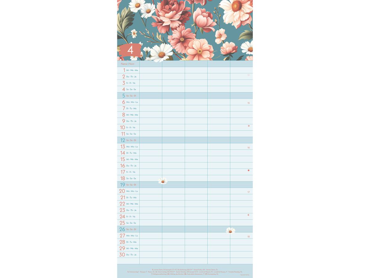 ALPHA EDITION Familienplaner Floral 2026 360400 1M/1S ML 5 Spalten 22x45cm (4069095004009)