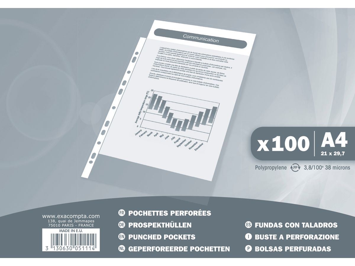 EXACOMPTA Zeigetaschen PP 40my A4 5111E transparent genarbt 100 Stück (3130630051114)