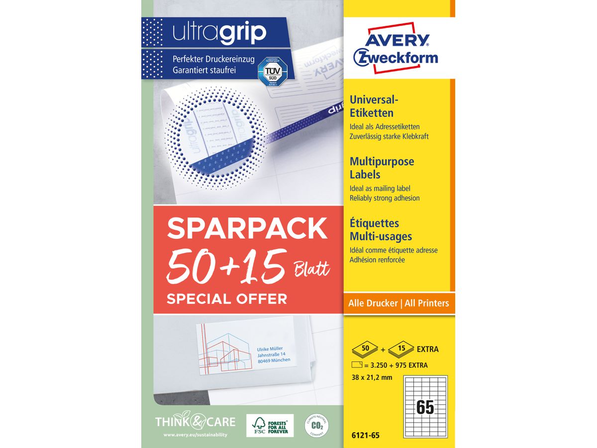 AVERY ZWECKFORM Universal-Etiketten 38x212mm 6121-65 weiss 50+15 Blatt (4004182161210)