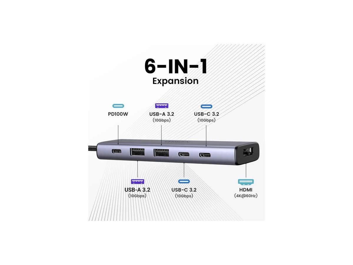 UGREEN 6-in-1 USB-C Hub 35999 10Gbps 4k60Hz, 100W, Gray (6941876239993)