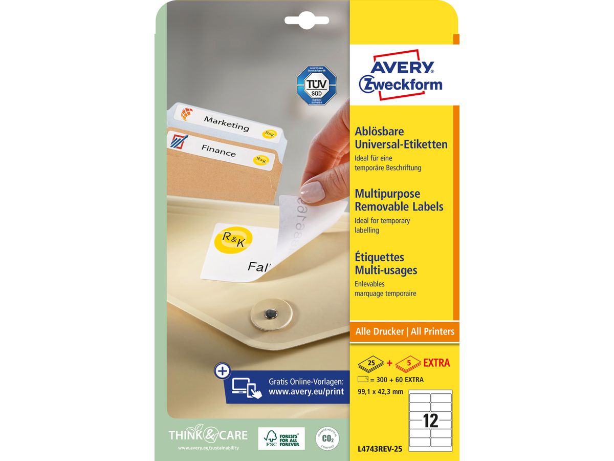 AVERY ZWECKFORM Universal-Etikett. 99,1x42,3mm L4743REV-25 weiss 360 Stk./25 + 5 Blatt (4004182047439)