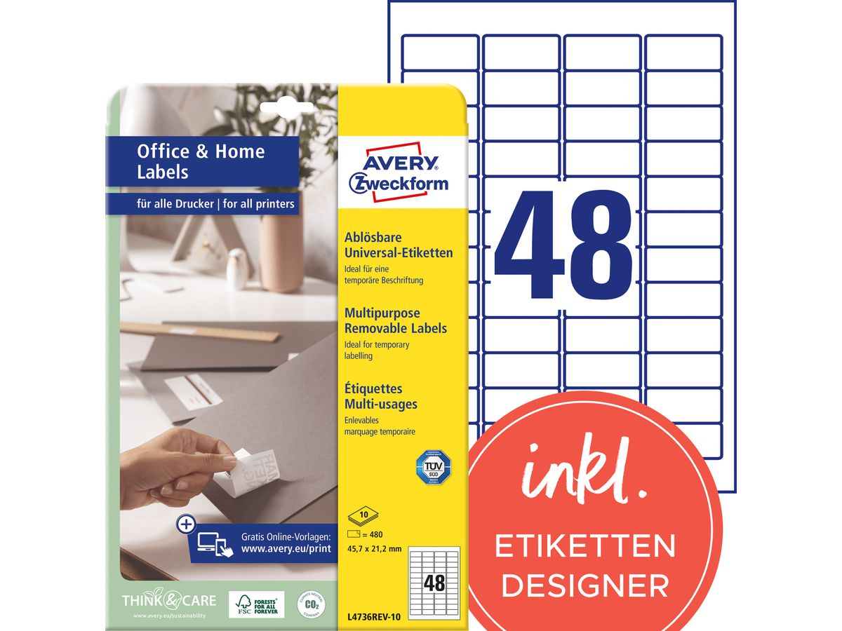 AVERY ZWECKFORM Etichette 45,7x21,2mm L4736REV1 bianco 480 pezzi (4004182433157)