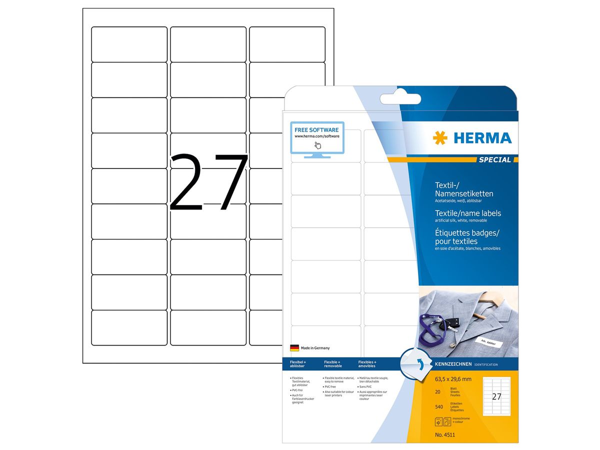 HERMA Etiketten SPECIAL 63.5x29.6mm 4511 weiss,non-perm. 540 St./20 Bl. (4008705045117)