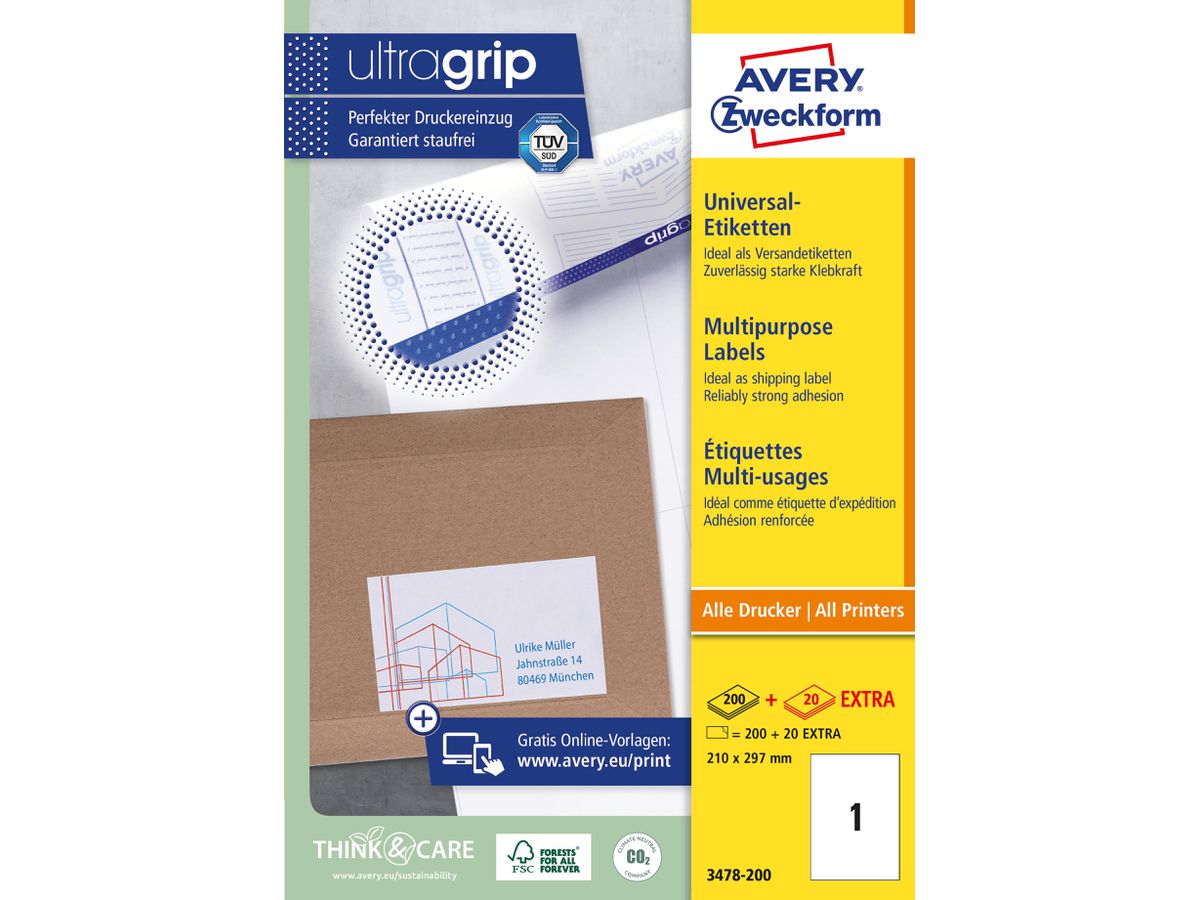 AVERY ZWECKFORM Etichette 210x297mm 3478-200 bianco 220 pz./200+20 fogli (4004182249628)