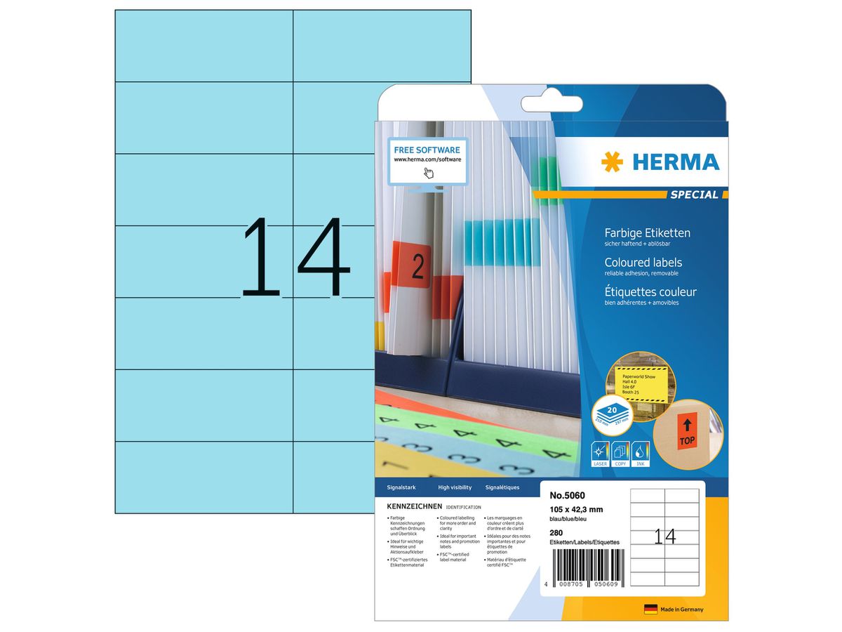 HERMA Etiketten Special 105x42,3mm 5060 blau 280 Stück (4008705050609)