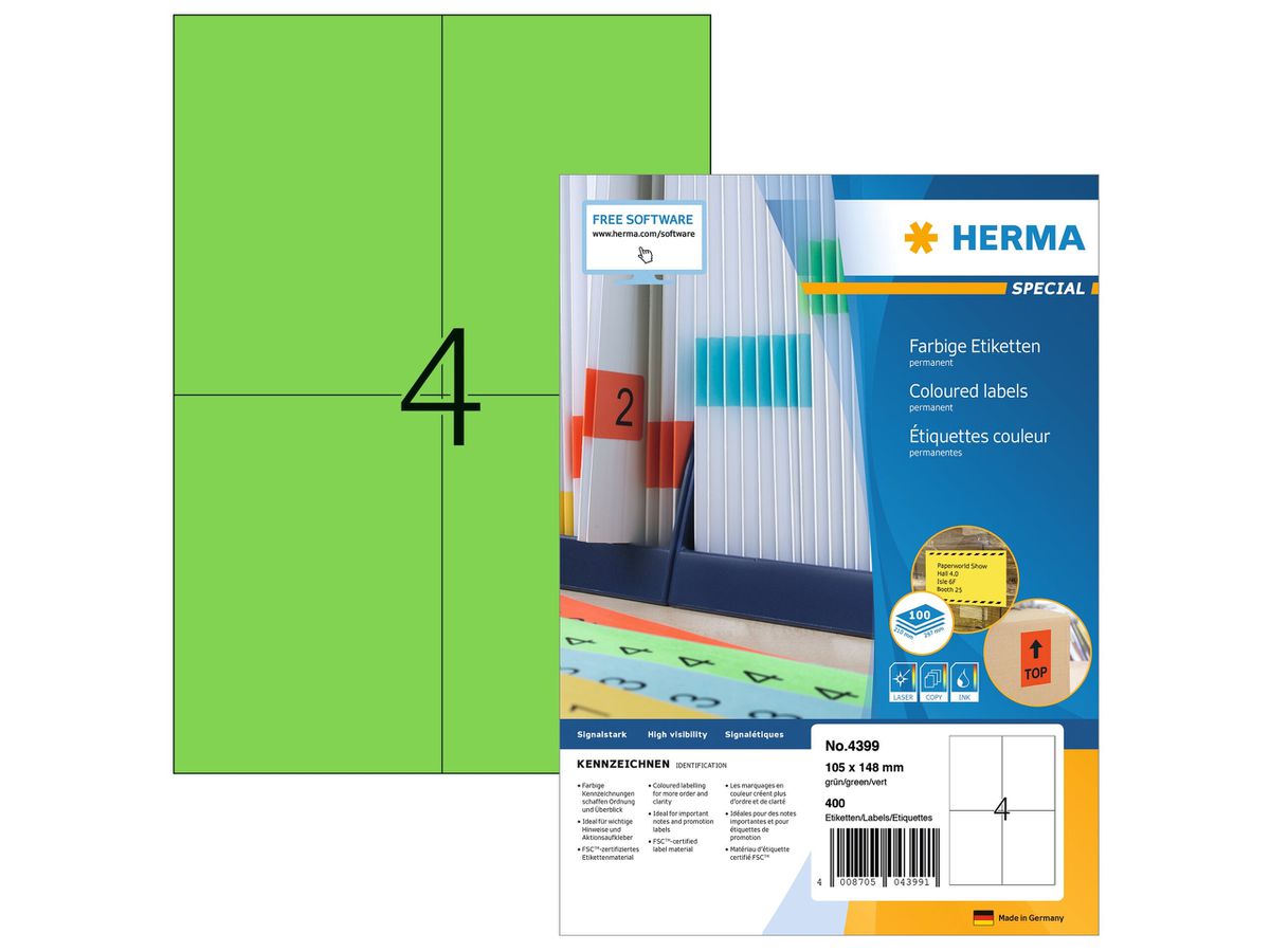 HERMA Etichette SPECIAL 105x148mm 4399 verde,perm. 400 pz./100 fogli (4008705043991)