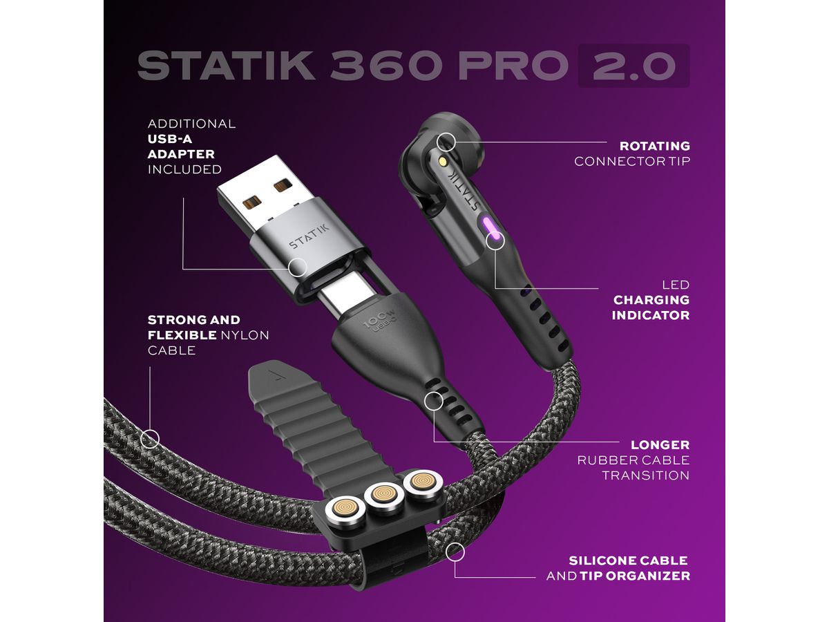 STATIK Statik 360 Pro, Uni.Mag. Tip PUP-0520-6FT Cable, 2m, 100W Black (0810024055159)