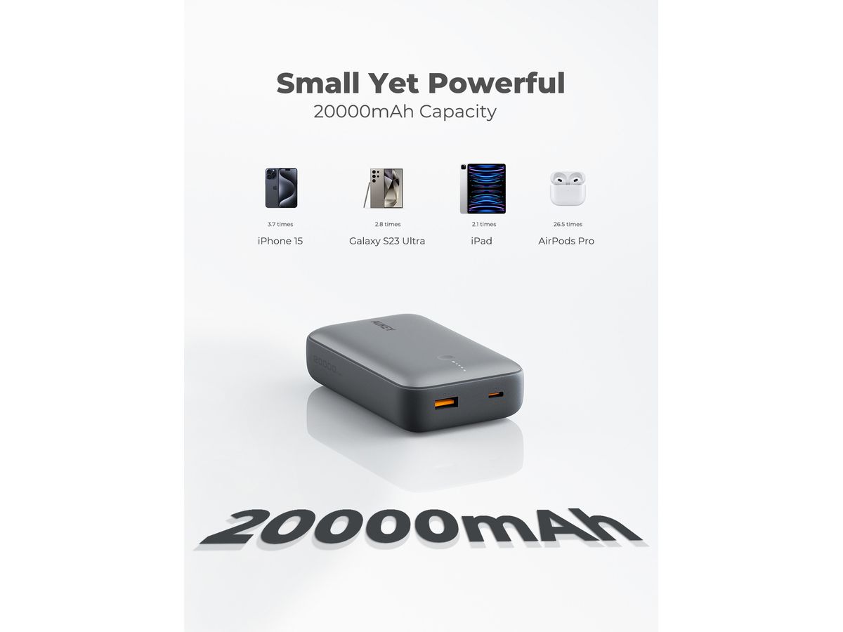 AUKEY Spark Mini 20000, 20W, PD,QC PB-Y57 GR Powerbank, Gray,USB-C,USB-A (0689323788330)
