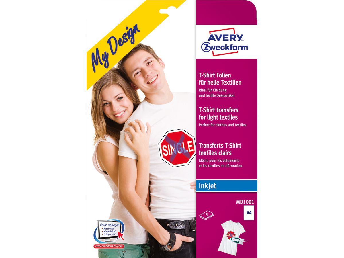 AVERY ZWECKFORM Textilfolie Iron-on A4 MD1001 Inkjet helle Textilien 5 Stk. (4004182045411)