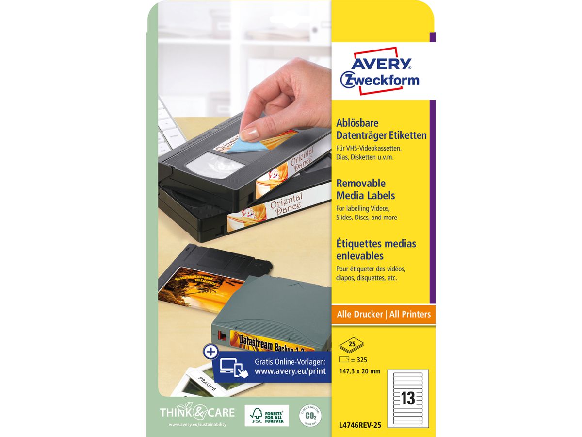 AVERY ZWECKFORM Video-Etiketten 147,3x20mm L4746REV-25 weiss,non-perm. 325 Stk./25Bl. (4004182047460)