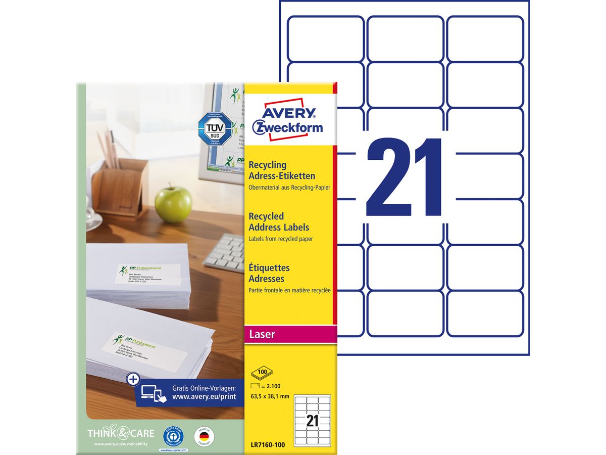 AVERY ZWECKFORM Etichette indir. 63,5x38,1mm LR7160100 recycling 2100 pezzi (4004182651605)