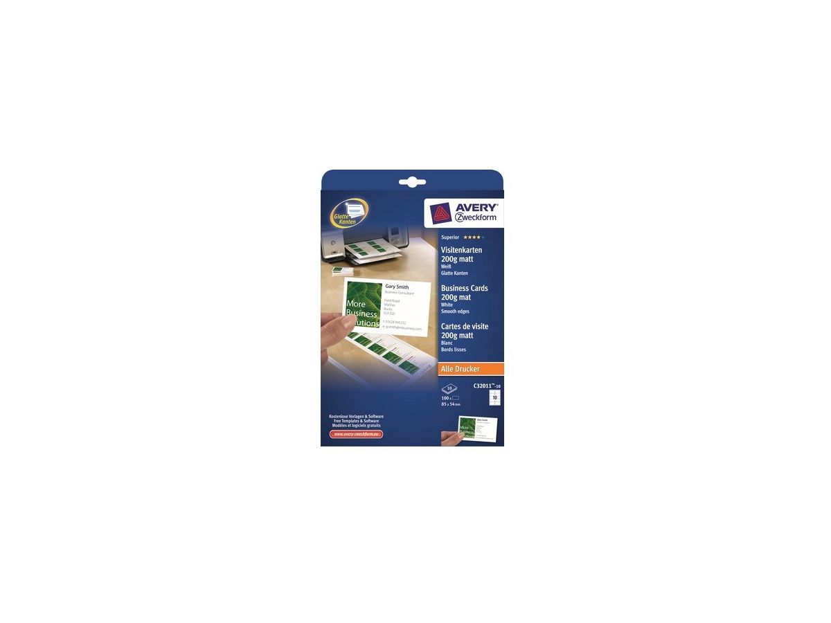 AVERY ZWECKFORM Visitenkarten matt 85x54mm C32011-10 Univer.200g,weiss 10Bl./10Stk. (4004182242742)