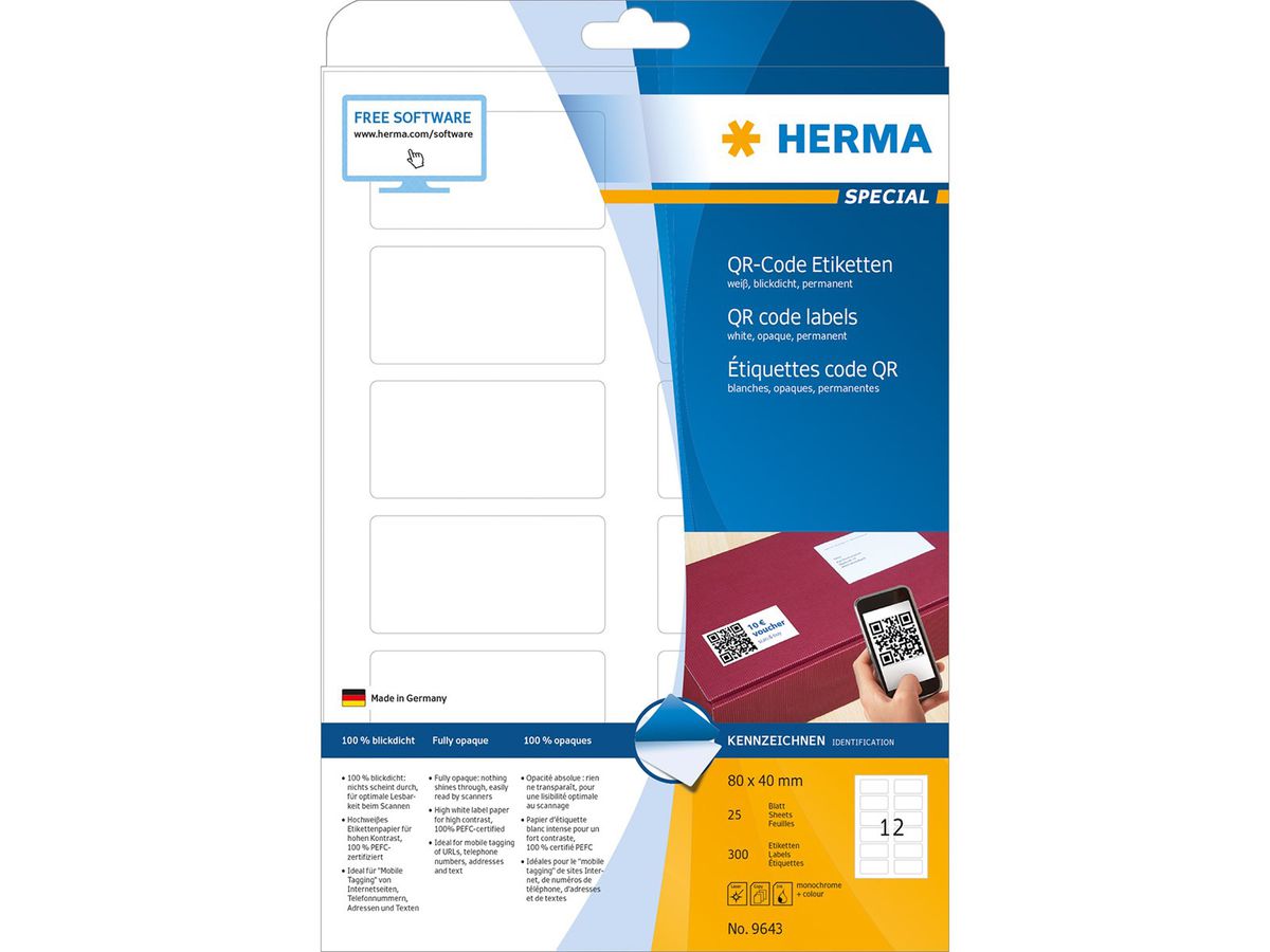 HERMA Universal-Etiketten 80x40mm 9643 weiss 300 St./25 Blatt (4008705096430)