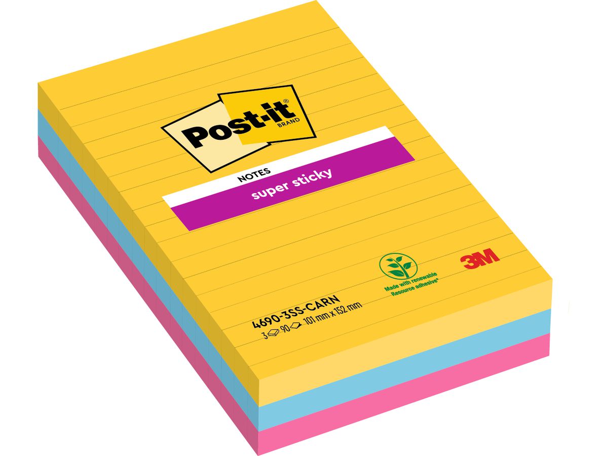 POST-IT SuperSticky Carnival 152x101mm 46903SSCA 3-farbig, liniert 3x90 Blatt (0051141998848)