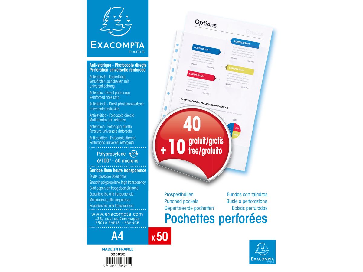 EXACOMPTA Zeigetaschen PP 60my A4 5250E transparent genarbt 50 Stück (3130630052500)