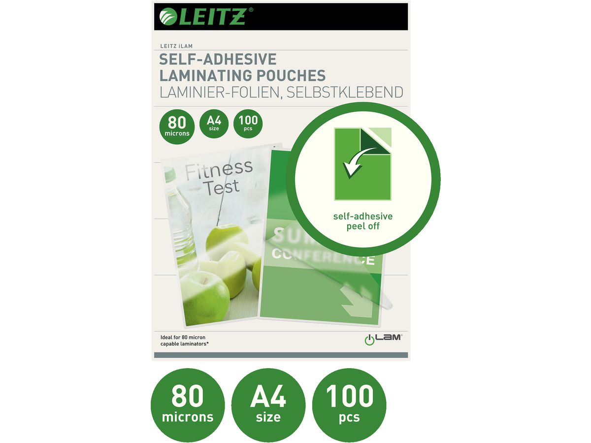 LEITZ Laminiertasche A4 33872 glanz, 80my, selbstkl. 100 Stk (5411313338721)