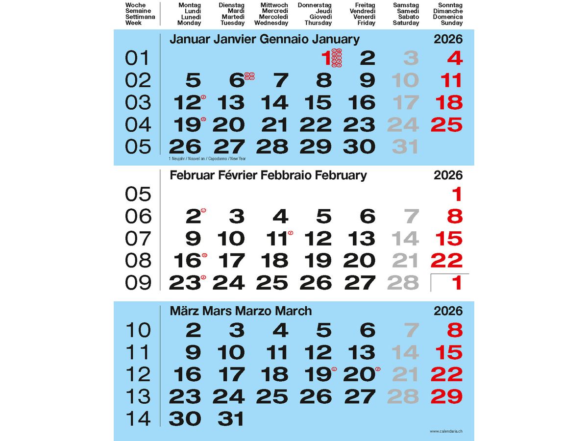 CALENDARIA 3-Monats-Wandkalender 2026 9783036205519 blau 31x40cm (9783036205519)