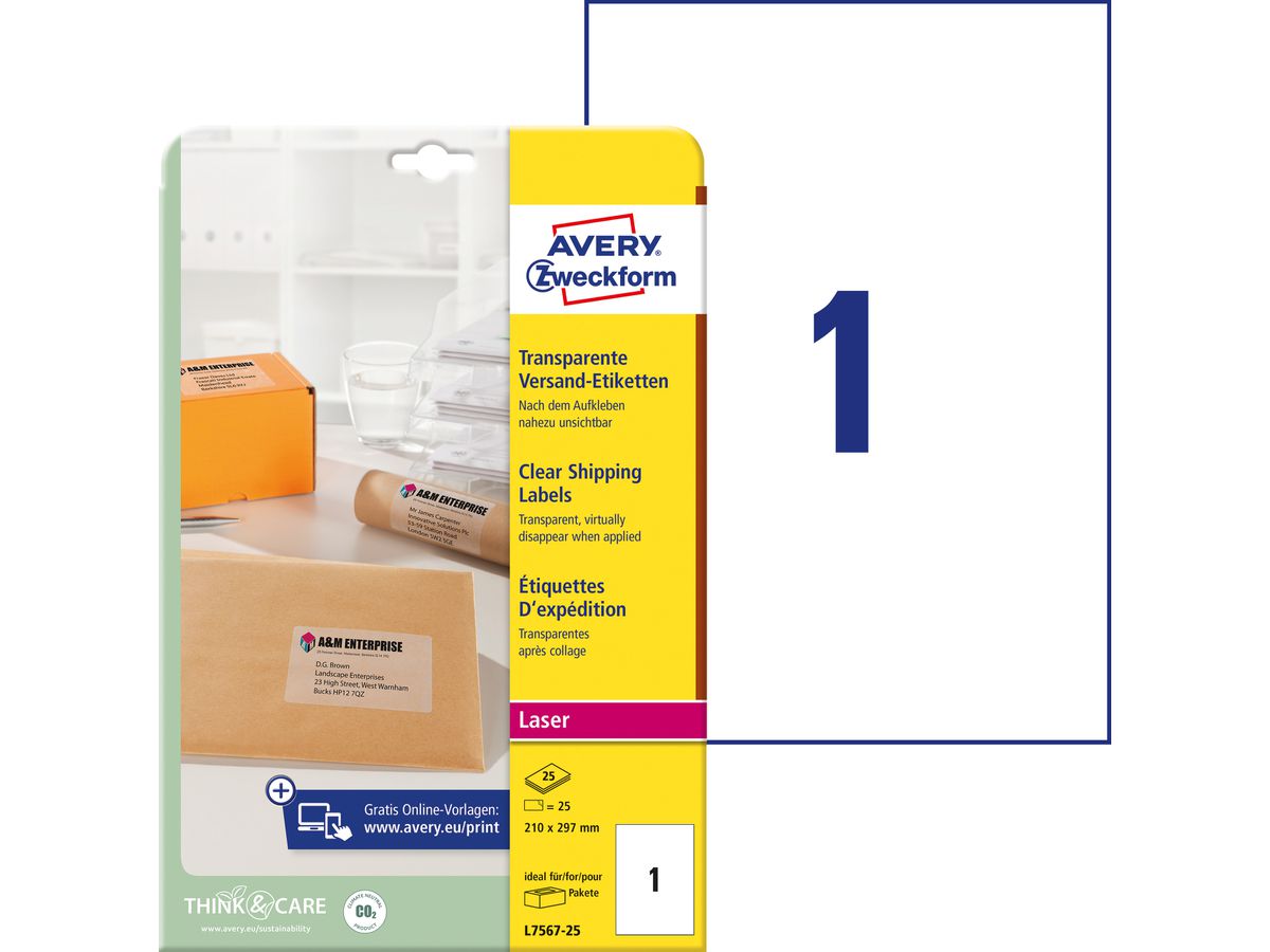AVERY ZWECKFORM Etichet.p.indirizo 210x297mm L7567-25 Laser, tras. 25pz./25fl. (4004182047774)