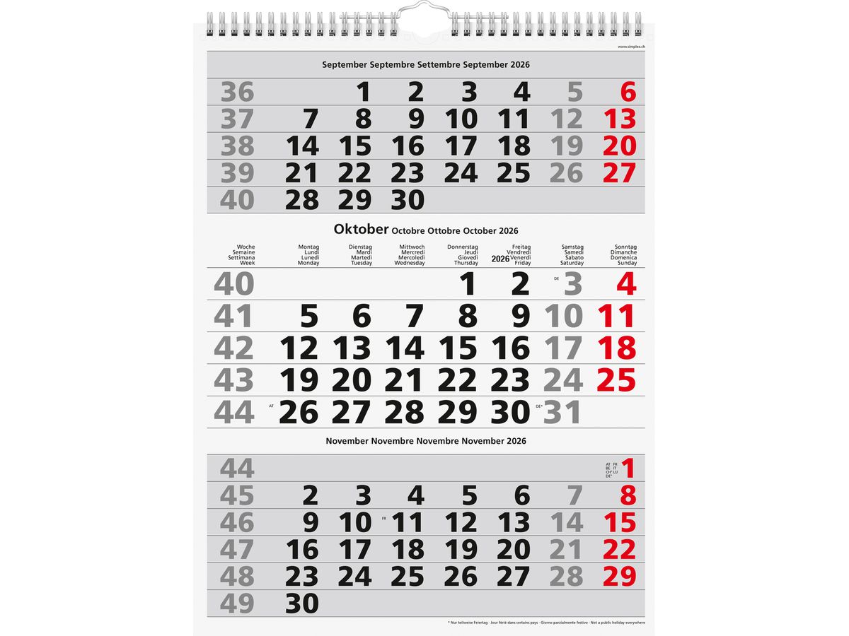 SIMPLEX 3-Monats-Wandkalender 2026 970009.26 3M/1S rot 31x40cm (7611468041325)