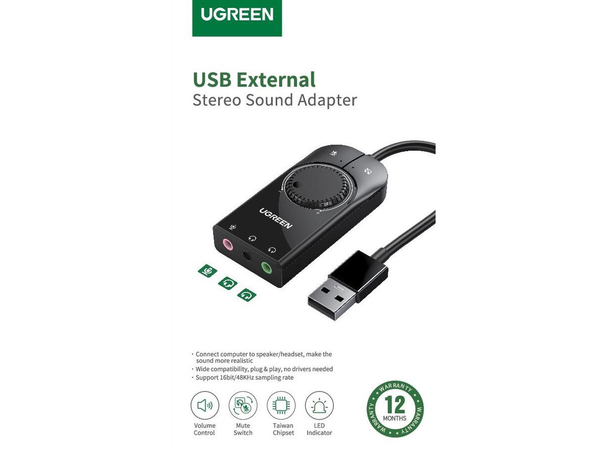 UGREEN External USB Sound Adapter 40964 15cm, Black (6957303849642)