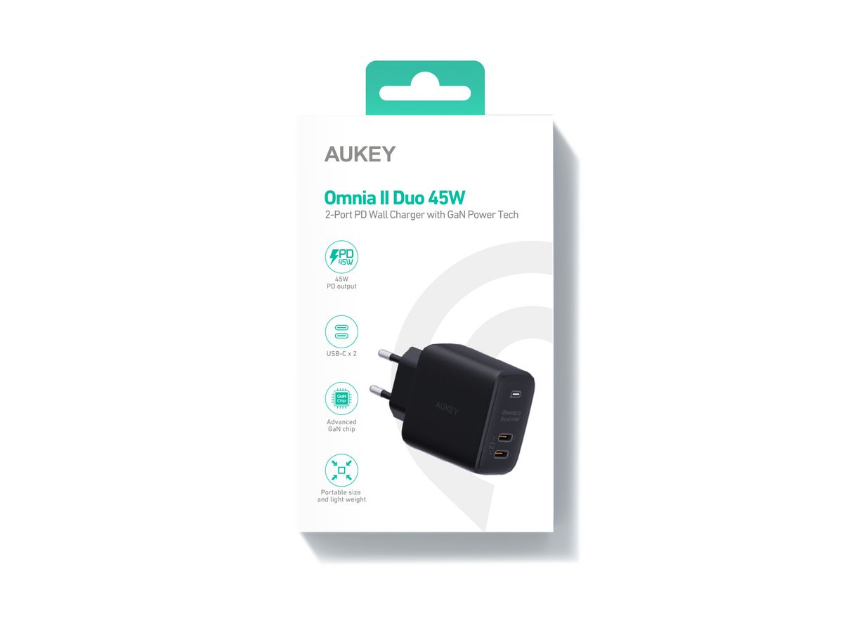 AUKEY Omnia II Dual 45W GaN PD PA-B4T BK 2-Port USB-C Wall Charger B. (0689323787500)