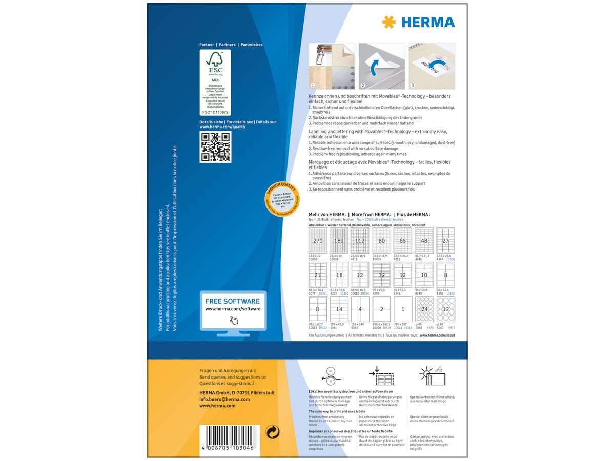 HERMA Etichette SPECIAL 88.9x46.6mm 10304 bianco,non-perm. 1200 pz./100f (4008705103046)