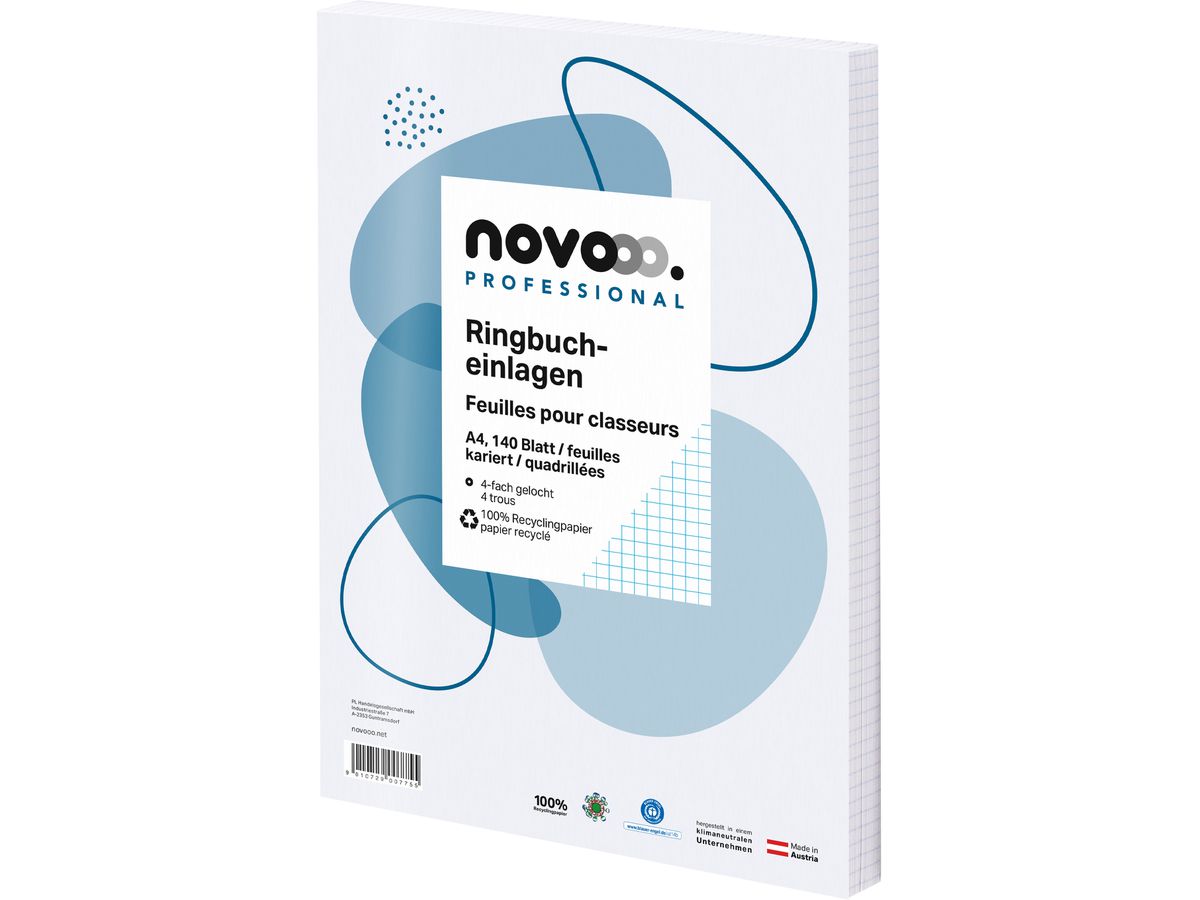 NOVOOO Ringbucheinlagen recycling A4 535027020 kariert 5mm, o/Rand 140 Blatt (9010729007755)