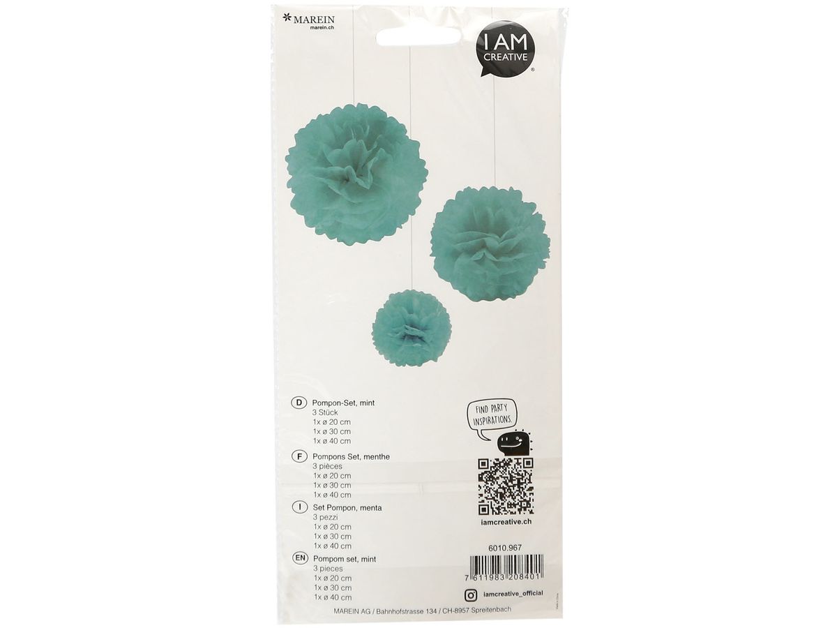 I AM CREATIVE Pompon Set, mint,20,30,40cm 6010.967 3 Stück (7611983208401)