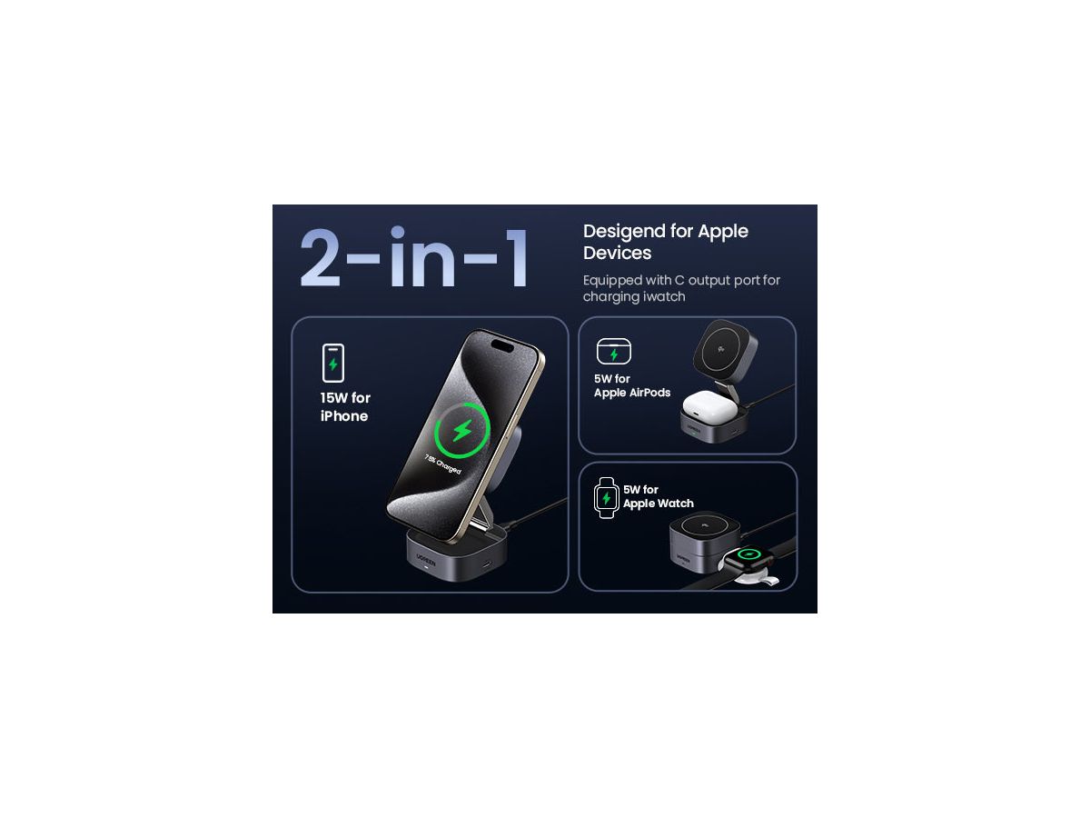 UGREEN Magnetic Wireless Charger 35316 2in1,20W,Qi2, iPhone,AirPods (6941876233168)