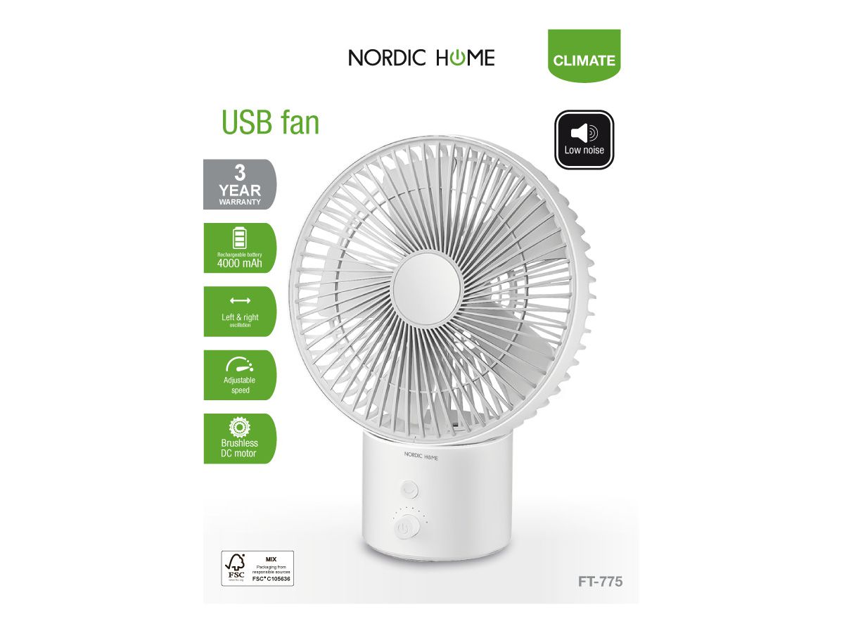 DELTACO USB Fan, Rechargable battery FT-775 Variable speeds White (7333048055019)