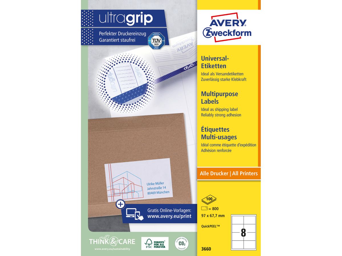 AVERY ZWECKFORM Etiketten 97×67,7mm 3660 weiss 800 Stk./100 Blatt (4004182036600)
