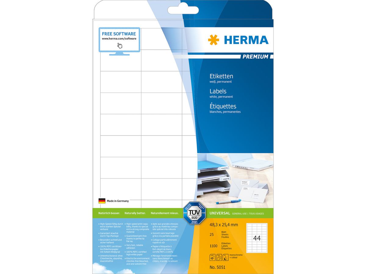 HERMA Etiketten Premium 48,3×25,4mm 5051 weiss 1100 Stück (4008705050517)