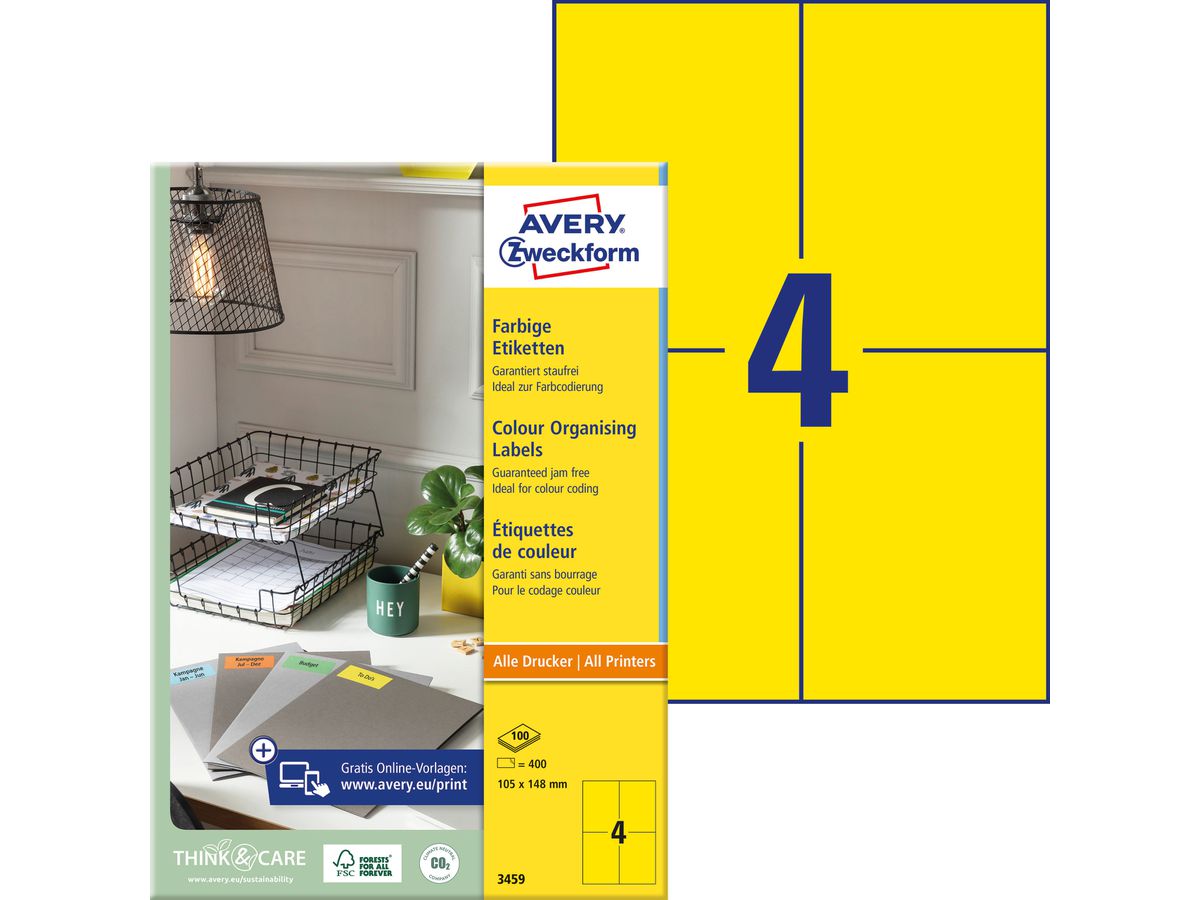 AVERY ZWECKFORM Etichette 105x148mm 3459 Universal, giallo 400pz (4004182034590)