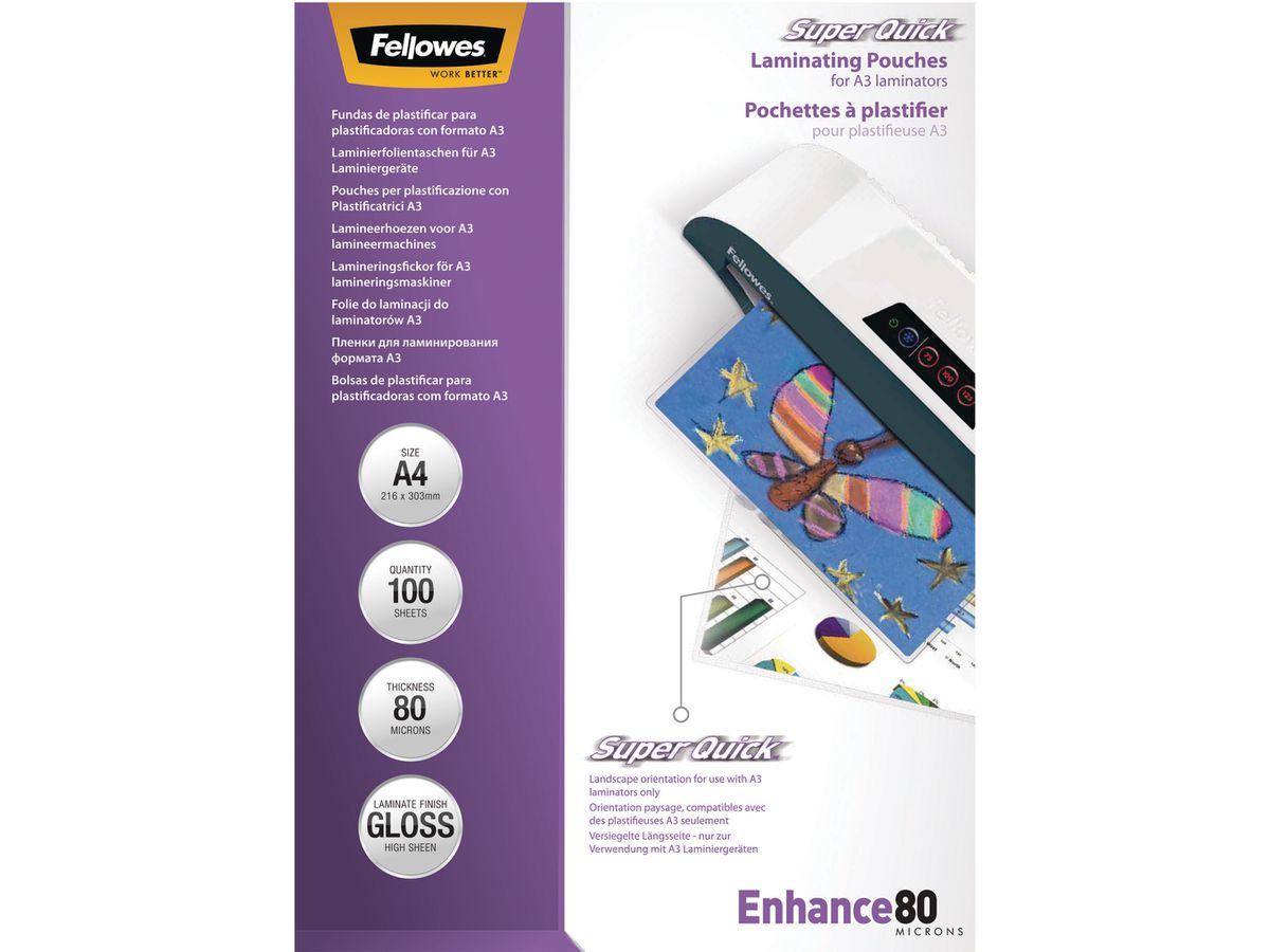 FELLOWES Laminiertasche A4 5440001 glanz, 80my 100 Stk (0077511544002)