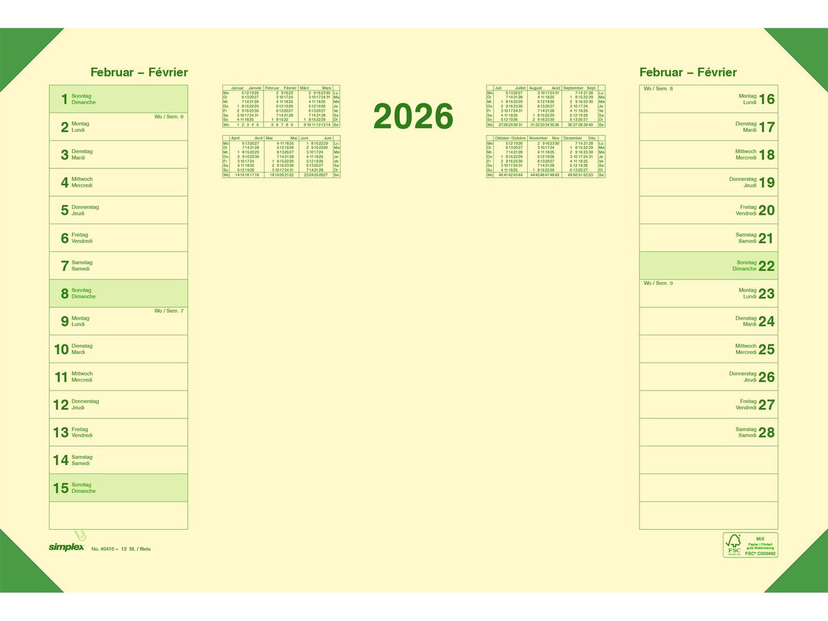 SIMPLEX Schreibunterlage 2026 40410.26 12M hellgelb DE/FR 47.7x32.5cm (7611468041233)