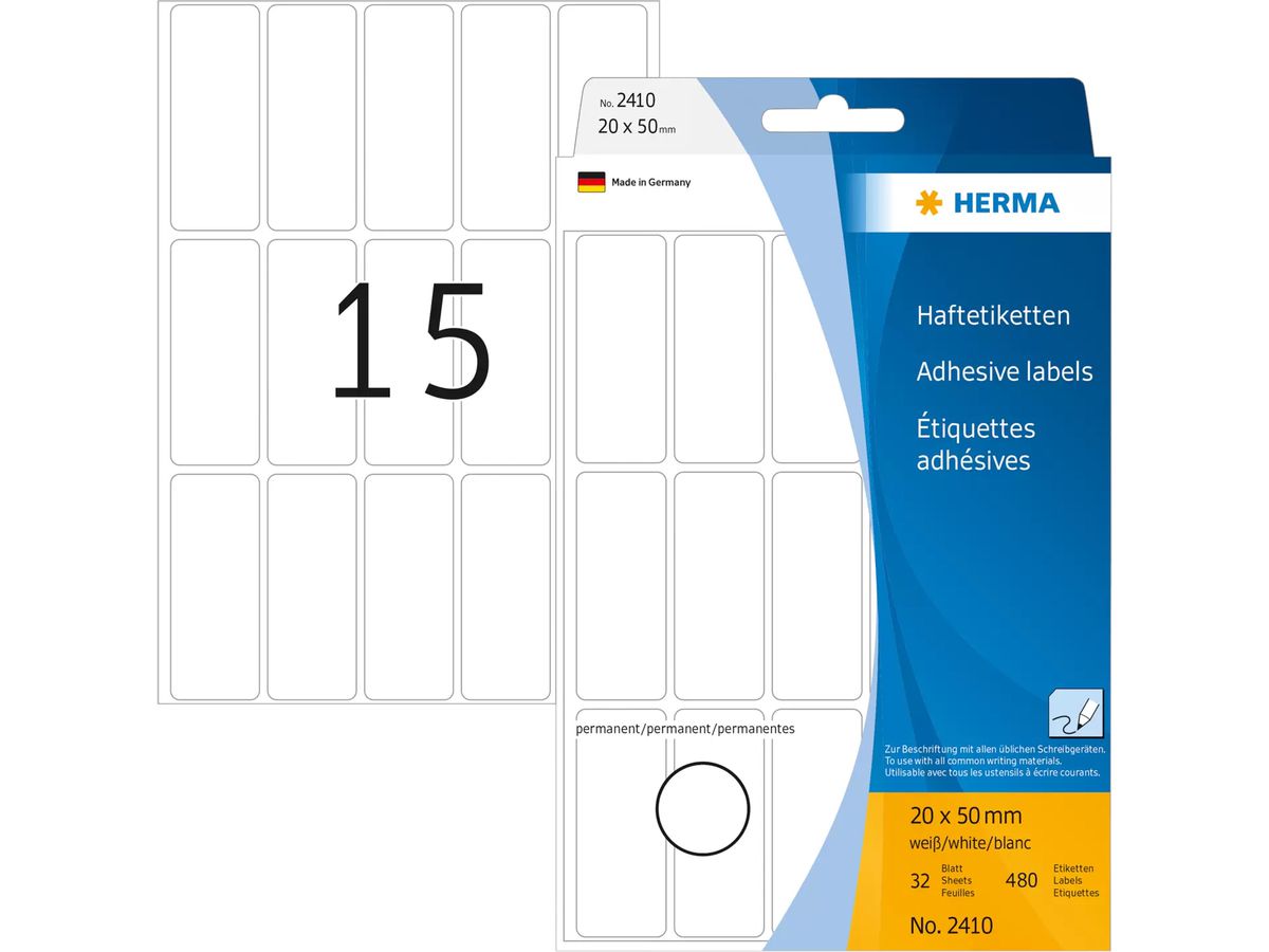 HERMA Etichette universali 20x50mm 2410 bianco 480 pezzi/32 fogli (4008705024105)