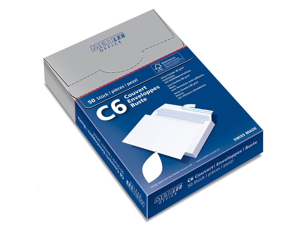METTLER Couvert ohne Fenster C6 6066-80-S50 80g,hochweiss,Kleber 50 Stk. (7640126060033)