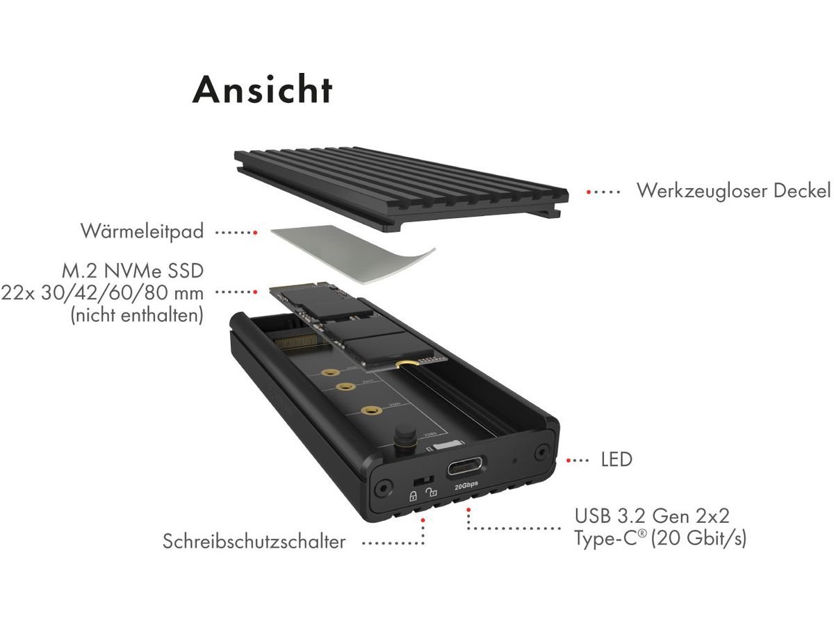 ICY BOX Gehäuse für M.2 NVMe SSD IB-1917M-C32a USB-C 3.2 Gen 2x2, 20Gbit/s (4250078174974)
