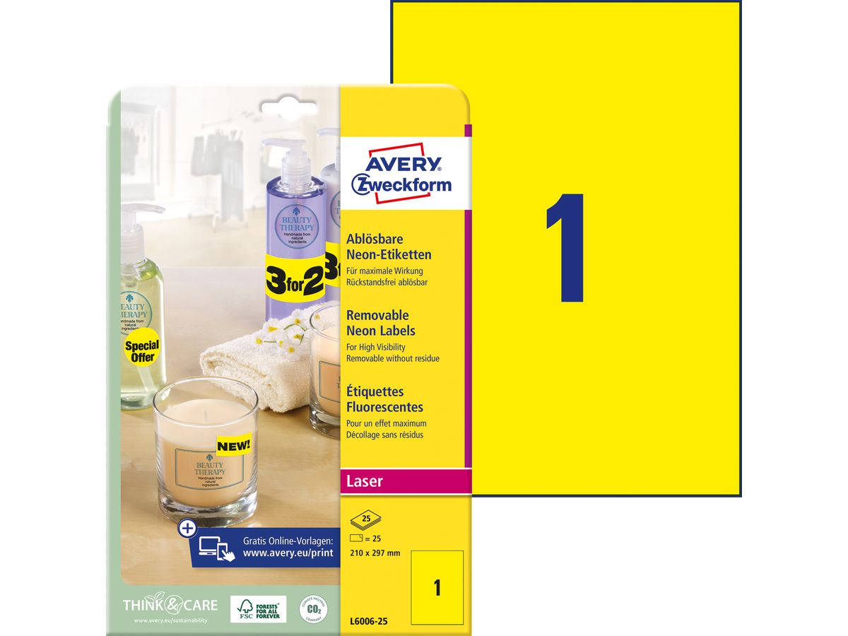 AVERY ZWECKFORM Etichette 210x297mm L6006-25 giallo, non perm. 25pz./25fl. (4004182608470)
