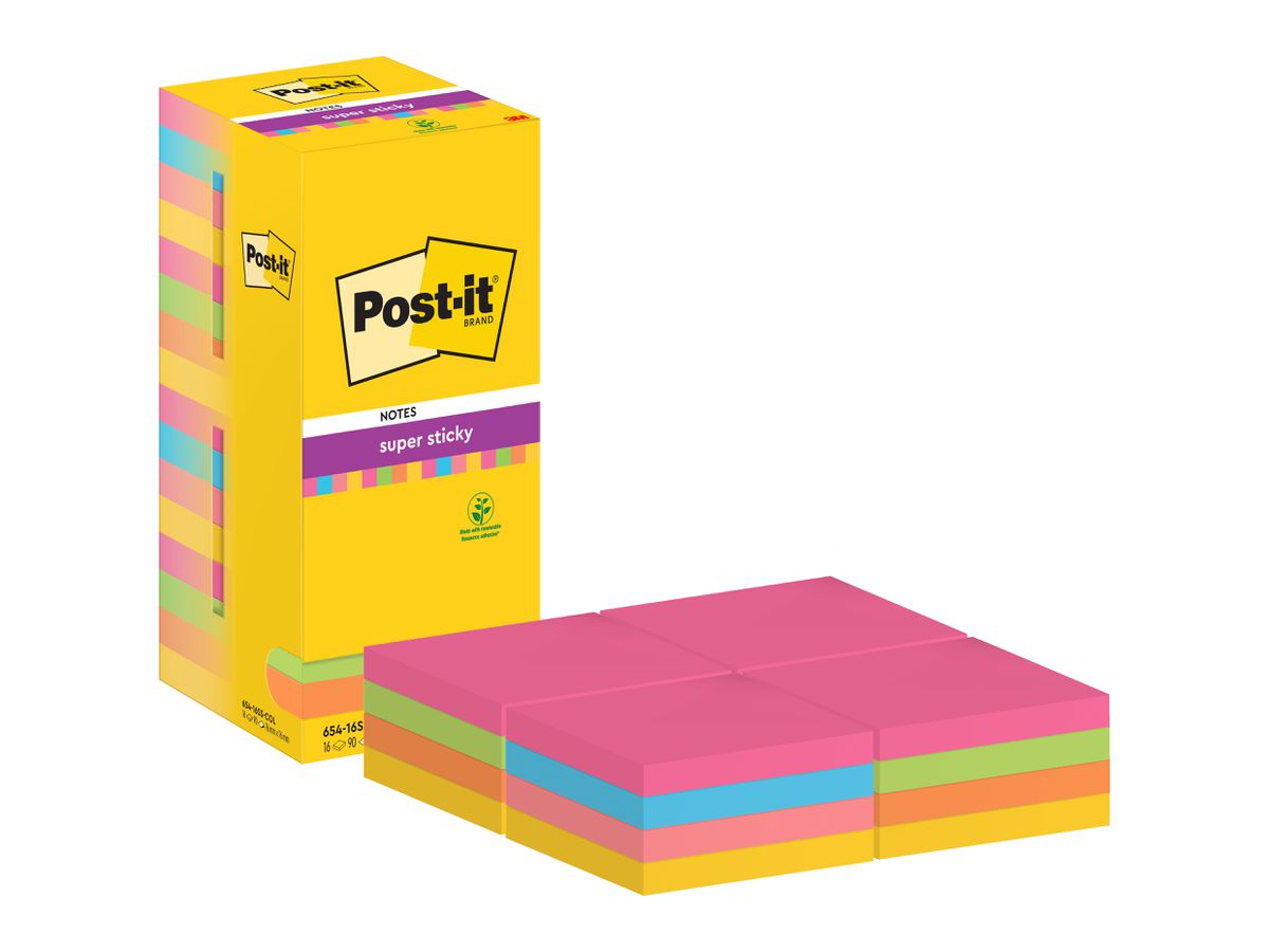 POST-IT Super Sticky Tower 76x76mm 654-16SS-COL coloré 16x90 feuilles (4054596855823)