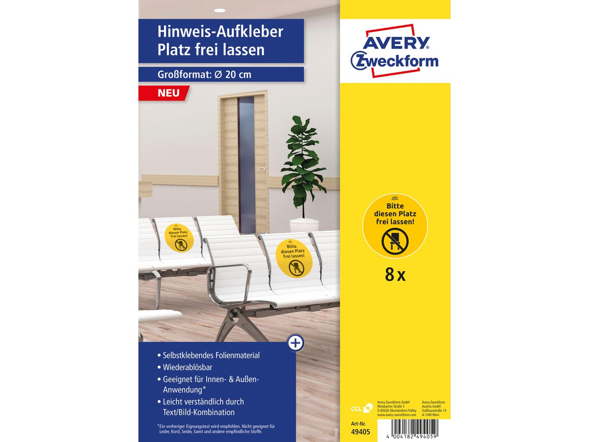 AVERY ZWECKFORM Hinweis-Aufkleber DE 20cm 49405 Platz frei lassen 8 Stück (4004182494059)