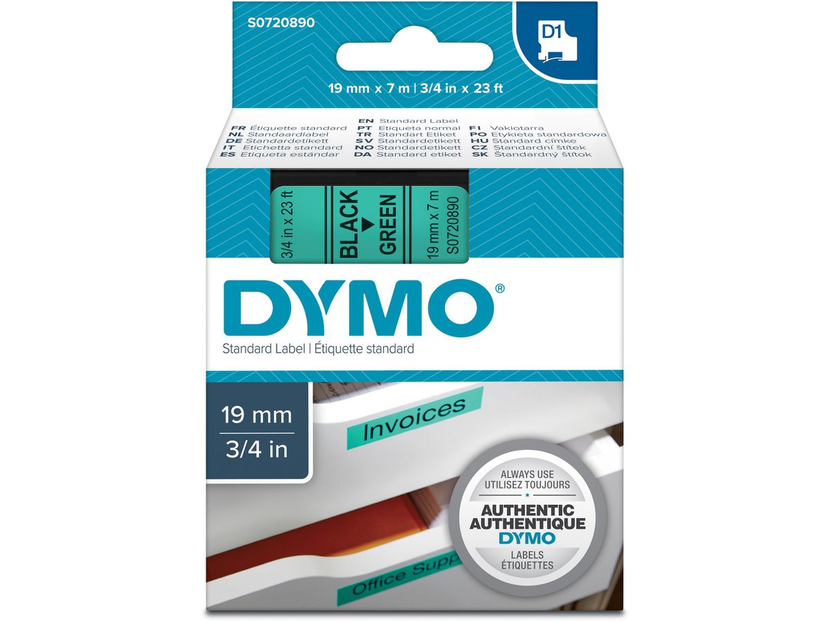 DYMO Ruban D1 S0720890 noir/vert 19mm/7m (5411313452199)