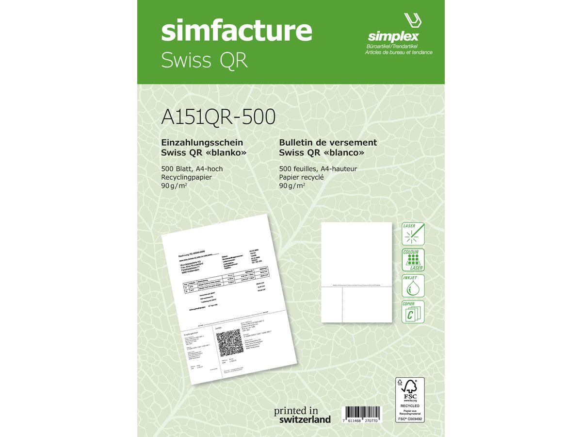 SIMPLEX Simfacture Swiss QR Recycl. A4 A151QR-500 universale, 90g 500 fogli (7611468270770)