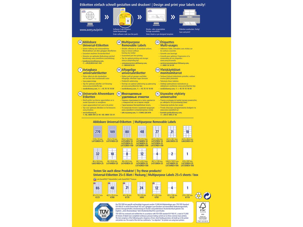 AVERY ZWECKFORM Étique. univers. 63,5x38,1mm L6023REV-25 blanc 630 pcs./25 + 5 flls. (4004182060230)