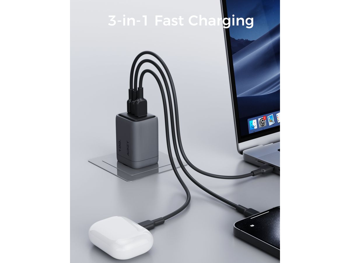 AUKEY Comet Mix 100W GaN PD PA-C5 4-Port, Wall Charger Grey (0689323788217)