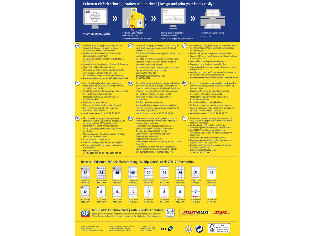 AVERY ZWECKFORM Etichette 97×67,7mm 3660-200 bianco 1760 pz./200+20 fogli (4004182249550)