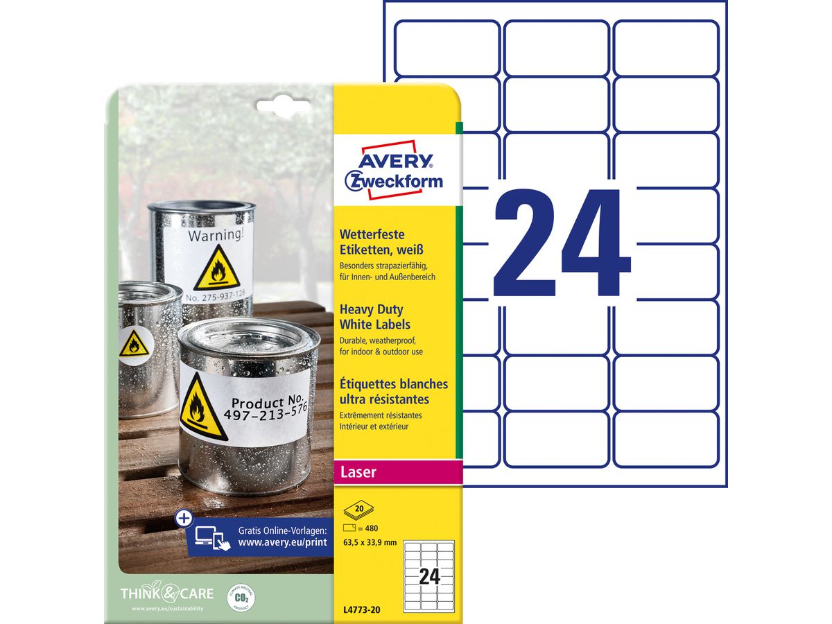 AVERY ZWECKFORM Folienetiketten 63,5x33,9mm L4773-20 wetterfest, perm.480Stk./20Bl. (4004182047736)